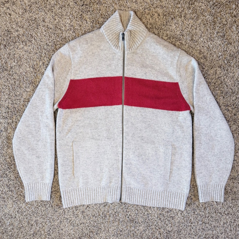 Gap Mens XL Lambswool Full Zip Sweater Grey Red Chest Stripe 142274